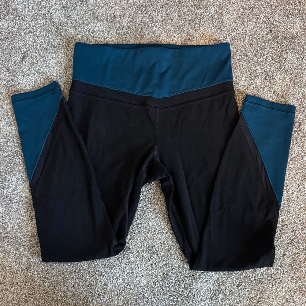 Athleta Black Leggings with Teal Waistband & Panels